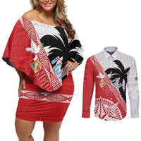 Fiji and Tonga Rugby Custom Couples Matching Off Shoulder Short Dress and Long Sleeve Button Shirt Flying Fijians Ikale Tahi Together Pacific - Polynesian Pride