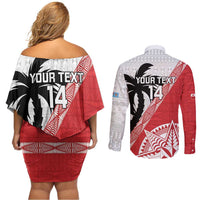 Fiji and Tonga Rugby Custom Couples Matching Off Shoulder Short Dress and Long Sleeve Button Shirt Flying Fijians Ikale Tahi Together Pacific - Polynesian Pride