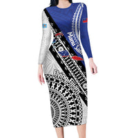 Fiji an Samoa Rugby Custom Long Sleeve Bodycon Dress Flying Fijians Manu Samoa Together Pacific LT14 Long Dress Blue - Polynesian Pride