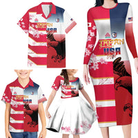 USA and Japan Rugby Custom Family Matching Long Sleeve Bodycon Dress and Hawaiian Shirt Eagles Brave Blossoms Together Pacific - Polynesian Pride