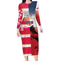 USA and Japan Rugby Custom Long Sleeve Bodycon Dress Eagles Brave Blossoms Together Pacific LT14 Long Dress Red - Polynesian Pride