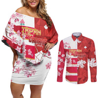 Canada and Japan Rugby Custom Couples Matching Off Shoulder Short Dress and Long Sleeve Button Shirt Canucks Brave Blossoms Together Pacific - Polynesian Pride