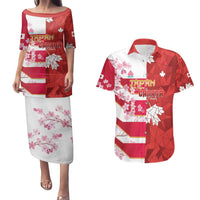 Canada and Japan Rugby Custom Couples Matching Puletasi and Hawaiian Shirt Canucks Brave Blossoms Together Pacific - Polynesian Pride