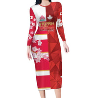 Canada and Japan Rugby Custom Long Sleeve Bodycon Dress Canucks Brave Blossoms Together Pacific LT14 Long Dress Red - Polynesian Pride