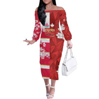 Canada and Japan Rugby Custom Off The Shoulder Long Sleeve Dress Canucks Brave Blossoms Together Pacific LT14 Women Red - Polynesian Pride