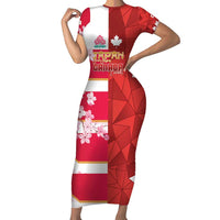 Canada and Japan Rugby Custom Short Sleeve Bodycon Dress Canucks Brave Blossoms Together Pacific LT14 Long Dress Red - Polynesian Pride