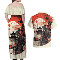 Samurai Warrior Japan Couples Matching Off Shoulder Maxi Dress and Hawaiian Shirt Red-blossomed Tree Classic Japanese Stylized - Polynesian Pride