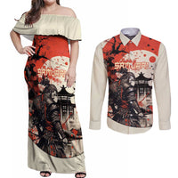 Samurai Warrior Japan Couples Matching Off Shoulder Maxi Dress and Long Sleeve Button Shirt Red-blossomed Tree Classic Japanese Stylized LT14 Red - Polynesian Pride