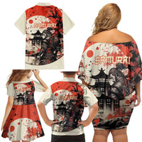 Samurai Warrior Japan Family Matching Off Shoulder Short Dress and Hawaiian Shirt Red-blossomed Tree Classic Japanese Stylized - Polynesian Pride