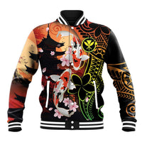 Hawaiian and Japanese Baseball Jacket Koi Fish With Kanaka Polynesian Tattoo LT14 Unisex Black - Polynesian Pride