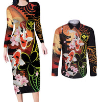Hawaiian and Japanese Couples Matching Long Sleeve Bodycon Dress and Long Sleeve Button Shirt Koi Fish With Kanaka Polynesian Tattoo - Polynesian Pride