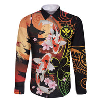 Hawaiian and Japanese Family Matching Off The Shoulder Long Sleeve Dress and Hawaiian Shirt Koi Fish With Kanaka Polynesian Tattoo - Polynesian Pride