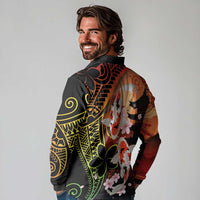 Hawaiian and Japanese Long Sleeve Polo Shirt Koi Fish With Kanaka Polynesian Tattoo - Polynesian Pride