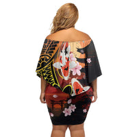 Hawaiian and Japanese Off Shoulder Short Dress Koi Fish With Kanaka Polynesian Tattoo - Polynesian Pride