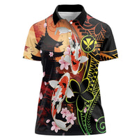 Hawaiian and Japanese Women Polo Shirt Koi Fish With Kanaka Polynesian Tattoo LT14 Female Black - Polynesian Pride