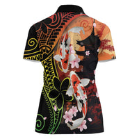 Hawaiian and Japanese Women Polo Shirt Koi Fish With Kanaka Polynesian Tattoo LT14 - Polynesian Pride