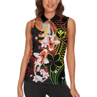 Hawaiian and Japanese Women Sleeveless Polo Shirt Koi Fish With Kanaka Polynesian Tattoo - Polynesian Pride