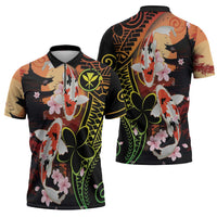 Hawaiian and Japanese Zipper Polo Shirt Koi Fish With Kanaka Polynesian Tattoo - Polynesian Pride