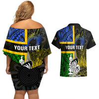 Personalised South Sea Islanders Couples Matching Off Shoulder Short Dress and Hawaiian Shirt Kanakas With New Caledonia Coat Of Arms LT14 - Polynesian Pride