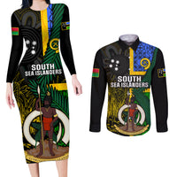 Personalised South Sea Islanders Couples Matching Long Sleeve Bodycon Dress and Long Sleeve Button Shirts Kanakas With Vanuatu Coat Of Arms LT14 Black - Polynesian Pride