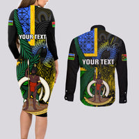 Personalised South Sea Islanders Couples Matching Long Sleeve Bodycon Dress and Long Sleeve Button Shirts Kanakas With Vanuatu Coat Of Arms LT14 - Polynesian Pride