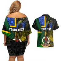 Personalised South Sea Islanders Couples Matching Off Shoulder Short Dress and Hawaiian Shirt Kanakas With Vanuatu Coat Of Arms LT14 - Polynesian Pride