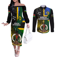 Personalised South Sea Islanders Couples Matching Off The Shoulder Long Sleeve Dress and Long Sleeve Button Shirts Kanakas With Vanuatu Coat Of Arms LT14 Black - Polynesian Pride