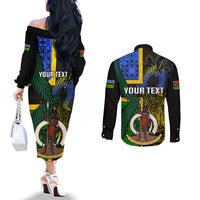 Personalised South Sea Islanders Couples Matching Off The Shoulder Long Sleeve Dress and Long Sleeve Button Shirts Kanakas With Vanuatu Coat Of Arms LT14 - Polynesian Pride