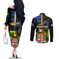 Personalised South Sea Islanders Couples Matching Off The Shoulder Long Sleeve Dress and Long Sleeve Button Shirts Kanakas With Fiji Coat Of Arms LT14 - Polynesian Pride