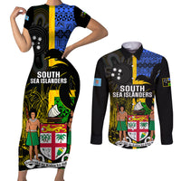 Personalised South Sea Islanders Couples Matching Short Sleeve Bodycon Dress and Long Sleeve Button Shirts Kanakas With Fiji Coat Of Arms LT14 Black - Polynesian Pride