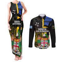 Personalised South Sea Islanders Couples Matching Tank Maxi Dress and Long Sleeve Button Shirts Kanakas With Fiji Coat Of Arms LT14 Black - Polynesian Pride