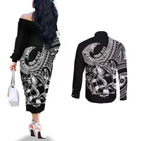 Personalised Polynesia Couples Matching Off The Shoulder Long Sleeve Dress and Long Sleeve Button Shirts Fish Hook Tattoo Go Fishing Polynesian Pattern Black LT14 - Polynesian Pride