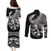 Personalised Polynesia Couples Matching Puletasi Dress and Long Sleeve Button Shirts Fish Hook Tattoo Go Fishing Polynesian Pattern Black LT14 - Polynesian Pride