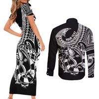 Personalised Polynesia Couples Matching Short Sleeve Bodycon Dress and Long Sleeve Button Shirts Fish Hook Tattoo Go Fishing Polynesian Pattern Black LT14 - Polynesian Pride