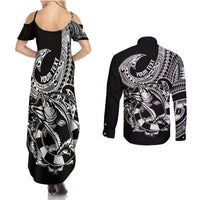 Personalised Polynesia Couples Matching Summer Maxi Dress and Long Sleeve Button Shirts Fish Hook Tattoo Go Fishing Polynesian Pattern Black LT14 - Polynesian Pride