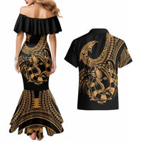 Polynesia Couples Matching Mermaid Dress and Hawaiian Shirt Fish Hook Tattoo Go Fishing Polynesian Pattern Gold LT14 - Polynesian Pride