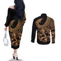 Polynesia Couples Matching Off The Shoulder Long Sleeve Dress and Long Sleeve Button Shirts Fish Hook Tattoo Go Fishing Polynesian Pattern Gold LT14 - Polynesian Pride