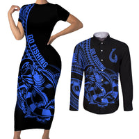 Polynesia Couples Matching Short Sleeve Bodycon Dress and Long Sleeve Button Shirts Fish Hook Tattoo Go Fishing Polynesian Pattern Blue LT14 Blue - Polynesian Pride