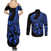 polynesia-couples-matching-summer-maxi-dress-and-long-sleeve-button-shirts-fish-hook-tattoo-go-fishing-polynesian-pattern-blue