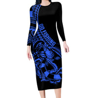 Polynesia Long Sleeve Bodycon Dress Fish Hook Tattoo Go Fishing Polynesian Pattern Blue LT14 Long Dress Blue - Polynesian Pride