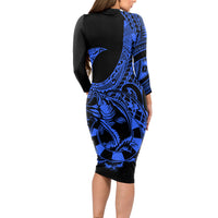 Polynesia Long Sleeve Bodycon Dress Fish Hook Tattoo Go Fishing Polynesian Pattern Blue LT14 - Polynesian Pride