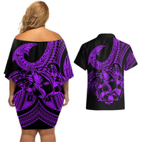 Polynesia Couples Matching Off Shoulder Short Dress and Hawaiian Shirt Fish Hook Tattoo Go Fishing Polynesian Pattern Purple LT14 - Polynesian Pride