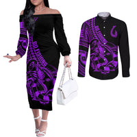 Polynesia Couples Matching Off The Shoulder Long Sleeve Dress and Long Sleeve Button Shirts Fish Hook Tattoo Go Fishing Polynesian Pattern Purple LT14 Purple - Polynesian Pride