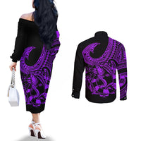 Polynesia Couples Matching Off The Shoulder Long Sleeve Dress and Long Sleeve Button Shirts Fish Hook Tattoo Go Fishing Polynesian Pattern Purple LT14 - Polynesian Pride