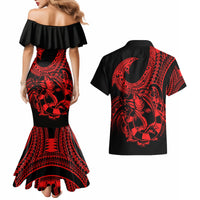 Polynesia Couples Matching Mermaid Dress and Hawaiian Shirt Fish Hook Tattoo Go Fishing Polynesian Pattern Red LT14 - Polynesian Pride