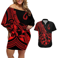 polynesia-couples-matching-off-shoulder-short-dress-and-hawaiian-shirt-fish-hook-tattoo-go-fishing-polynesian-pattern-red