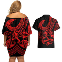 polynesia-couples-matching-off-shoulder-short-dress-and-hawaiian-shirt-fish-hook-tattoo-go-fishing-polynesian-pattern-red