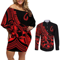 polynesia-couples-matching-off-shoulder-short-dress-and-long-sleeve-button-shirts-fish-hook-tattoo-go-fishing-polynesian-pattern-red