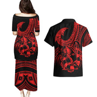 Polynesia Couples Matching Puletasi Dress and Hawaiian Shirt Fish Hook Tattoo Go Fishing Polynesian Pattern Red LT14 - Polynesian Pride