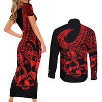 polynesia-couples-matching-short-sleeve-bodycon-dress-and-long-sleeve-button-shirts-fish-hook-tattoo-go-fishing-polynesian-pattern-red